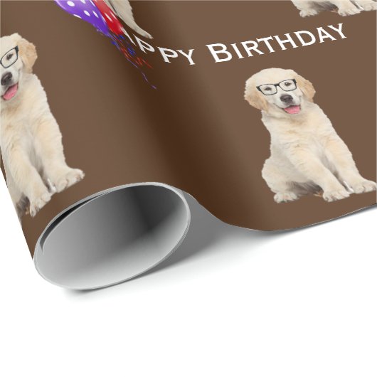Papier Cadeau Anniversaire Golden Retriever Puppy Avec Ballons (Coin rond)