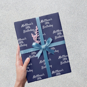 Papier Cadeau Anniversaire marine bleu blanc nom script minimali