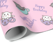 Papier Cadeau Anniversaire mignon chat dans la tasse rose (Coin rond)
