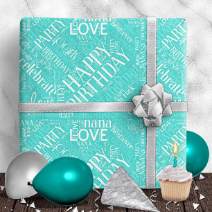 Papier Cadeau Anniversaire Mot Cloud Grand-mère Turquoise ID276