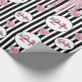 Papier Cadeau Anniversaire noir blanc rayures rose parties scint (Coin)