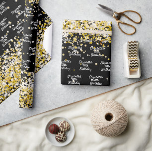 Papier Cadeau Anniversaire noir confetti nom étincelant