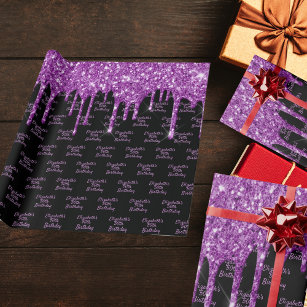 Papier Cadeau Anniversaire noir violet parties scintillant goutt
