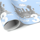 Papier Cadeau Anniversaire nommé de gris bleu de fou de train (Coin rond)