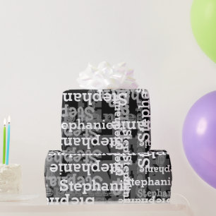 Papier Cadeau Anniversaire nommé noir/par gris personnalisé de