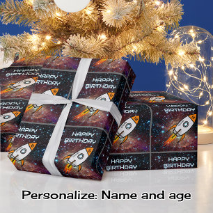 Papier Cadeau Anniversaire orange roquette personnalisé nom et â