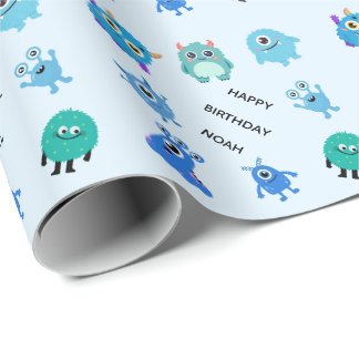 Papier Cadeau Anniversaire Personnalisé de Monstre Bleu Mignon G