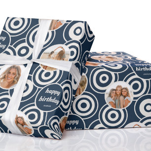 Papier Cadeau Anniversaire Photo Collage Cercles rétro Bleu fonc
