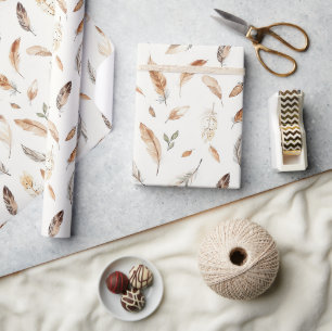 Papier Cadeau Anniversaire Plumes Boho Crème