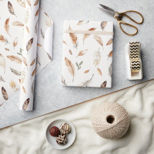 Papier Cadeau Anniversaire Plumes Boho Crème (Artisanat)