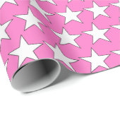 Papier Cadeau Anniversaire rose chaud avec étoiles blanches (Coin rond)