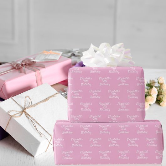 Papier Cadeau Anniversaire rose pastel blanc nom