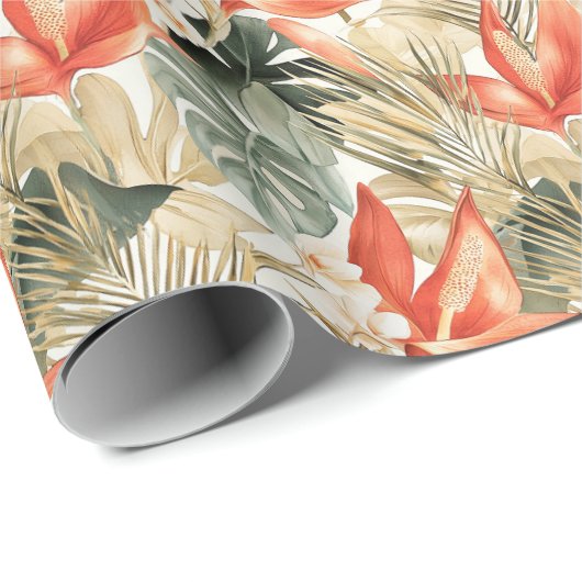 Papier Cadeau Anthurium Floral Orange Tropical Fête de Mariage (Coin rond)