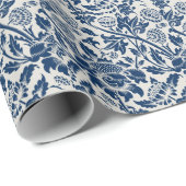 Papier Cadeau Antique Floral ornemental blanc sur marine (Coin rond)