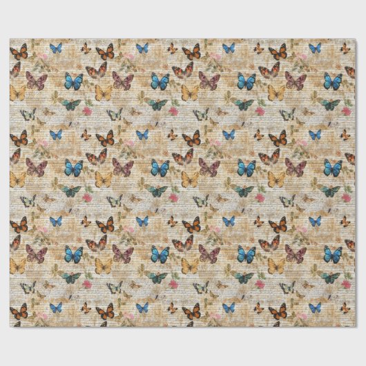 Papier Cadeau Antique Script et collage papillon Vintage (Plat)