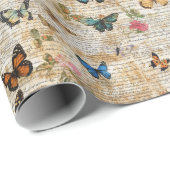 Papier Cadeau Antique Script et collage papillon Vintage (Coin rond)