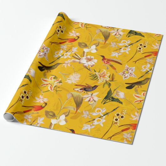 Papier Cadeau Antique Tropical Hummingbird Jungle Motif Jaune (Déroulé)