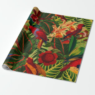 Papier Cadeau Antique Tropical Parrots Jungle Motif