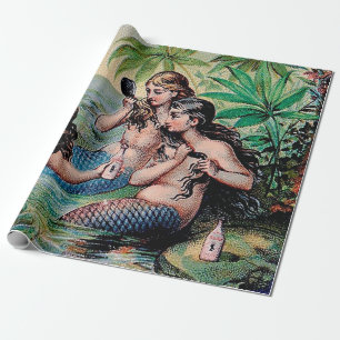 Papier Cadeau Antique Victoriens Sirènes Trésor Navire Vintage