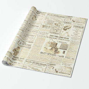 Papier Cadeau Antique Vintage Beige Français Annonces Ephemera