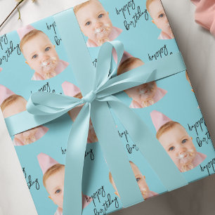 Papier Cadeau Aqua Blue bébé visage anniversaire Photo personn