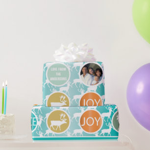 Papier Cadeau Aqua Family Photo Reindee Noël Joyeux Feu