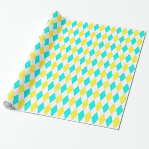 Papier Cadeau Aqua Jaune Arlequin Blanc Motif Diamant