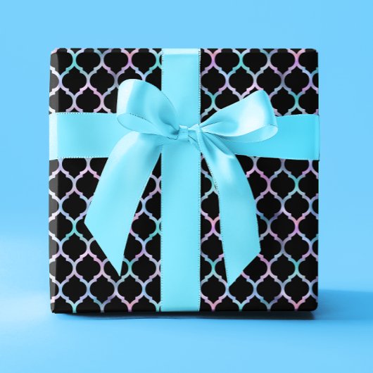 Papier Cadeau Aqua Pink Iridescente Foil et Quatrefoil noir