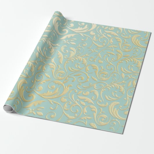 Papier Cadeau Aqua & Teal Xmas Wrapping Paper with Gold Accents (Déroulé)