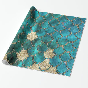 Papier Cadeau Aqua vert Mermaidscale avec parties scintillant or