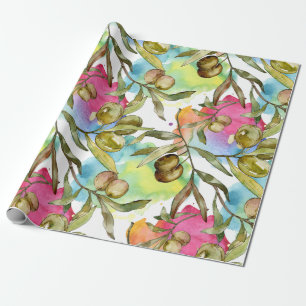 Papier Cadeau Aquarelle Abstraite Branches d'olive verte