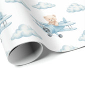 Papier Cadeau Aquarelle adorable Ours en peluche Avion (Coin rond)