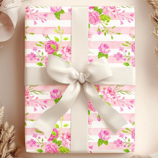 Papier Cadeau Aquarelle Anglais Rose Rose Blancs