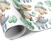 Papier Cadeau Aquarelle Anniversaire de enfant Dinosaur (Coin rond)