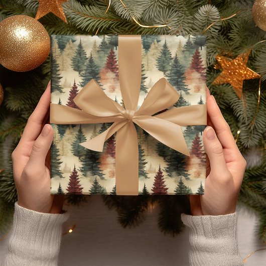 Papier Cadeau Aquarelle Arbre de Noël Arbre de la forêt Pin