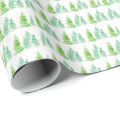 Papier Cadeau Aquarelle Arbres de Noël Vert Blanc (Coin rond)