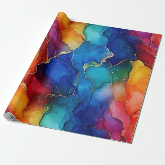 Papier Cadeau Aquarelle Arc-en-ciel et Parties scintillant d'or (Déroulé)