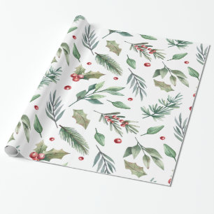 Papier Cadeau Aquarelle Baies de Houx Verdure