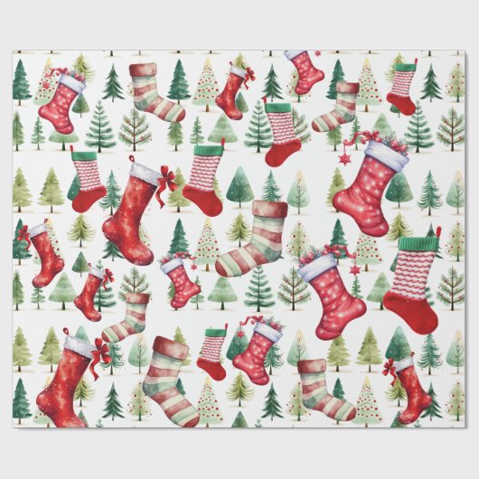 Papier Cadeau Aquarelle Bas Arbres de Noël (Plat)