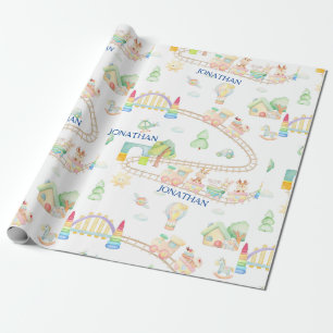 Papier Cadeau Aquarelle Bébé Monogramme jouets et trains