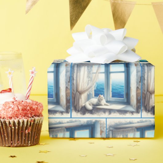 Papier Cadeau Aquarelle blanche Vue sur l'océan (Fête d'anniversaire)