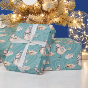 Papier Cadeau Aquarelle bleu Bruant de neige peinte à la main