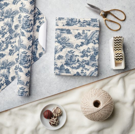 Papier Cadeau Aquarelle bleu et blanc Chine château pagode (Artisanat)