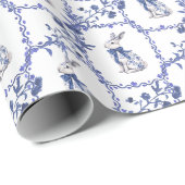 Papier Cadeau Aquarelle Bleu et blanc Chinoiserie Lapin Rabbit (Coin rond)