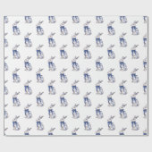 Papier Cadeau Aquarelle Bleu et blanc Chinoiserie Lapin Rabbit (Plat)