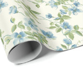 Papier Cadeau Aquarelle bleu et vert Fleurs sur blanc (Coin rond)