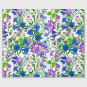Papier Cadeau Aquarelle bleu et violet Fleurs du jardin (Plat)