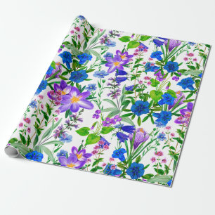 Papier Cadeau Aquarelle bleu et violet Fleurs du jardin