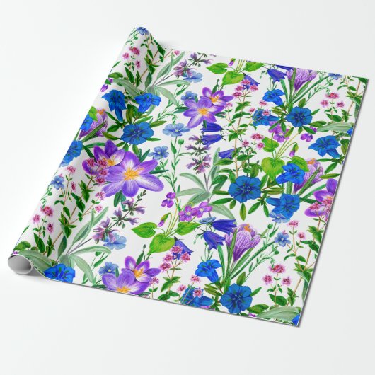 Papier Cadeau Aquarelle bleu et violet Fleurs du jardin (Déroulé)