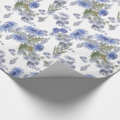 Papier Cadeau Aquarelle bleu fleurs roses plumes blanc (Coin)